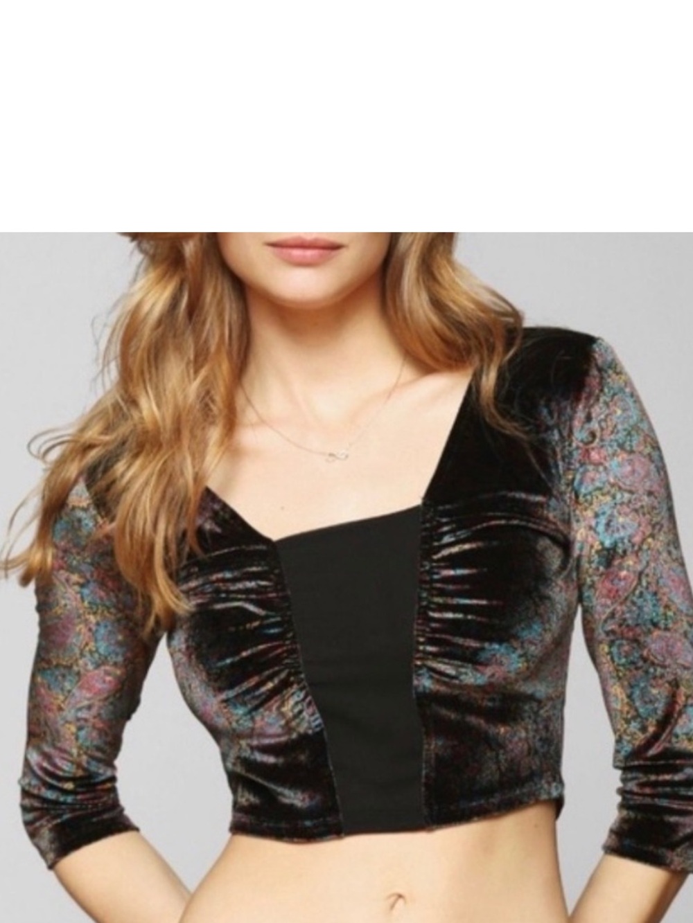 Ecoté x Urban Outfitters Bianca Black Paisley Velvet Ruched Crop Top Whimsigoth
